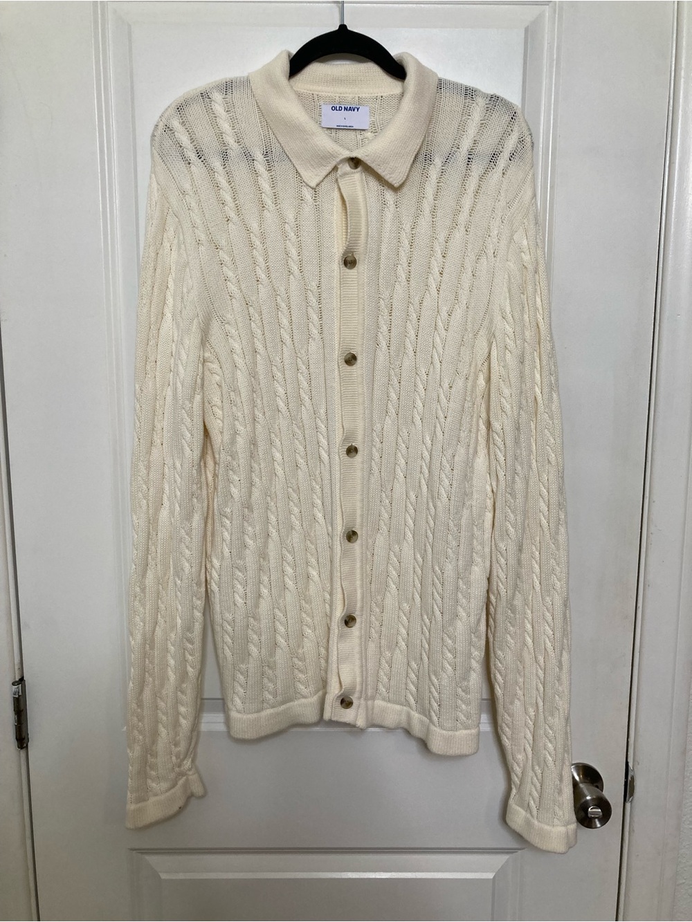 Old Navy Cream Cable Knit Cardigan Classic Button Up Sweater Size L 100% Cotton